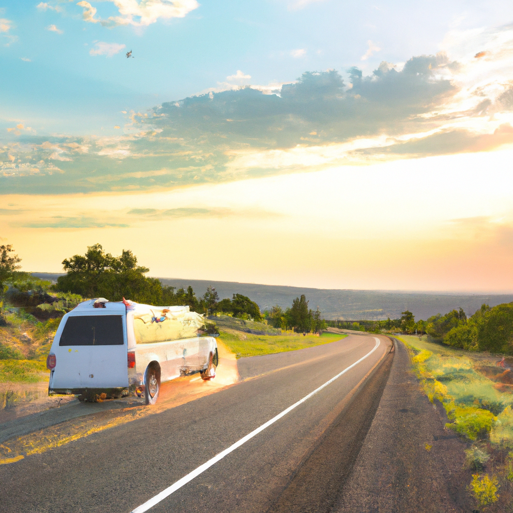 Sunlit coastal road with a colorful campervan and mountains in the distance